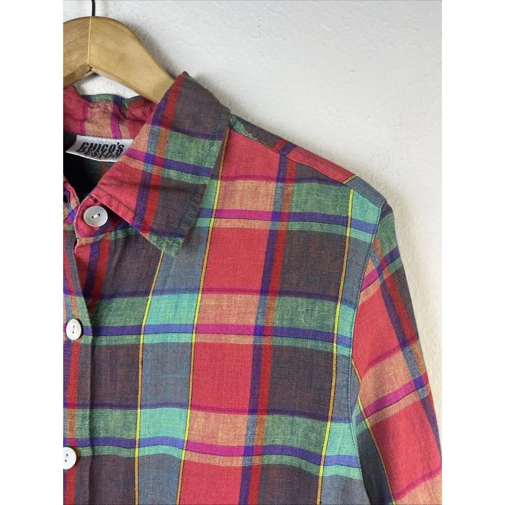 Chico's Women's 1 medium Button Down Long Sleeve Plaid 100% Linen Shirt - Picture 3 of 9